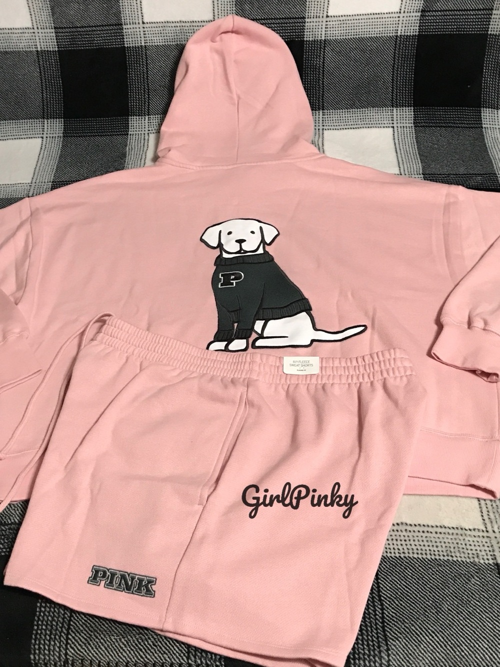 VS PINK IVY FLEECE SWEAT SHORTS & FULL ZIP HOODIE EMBROIDERED CHALK ROSE M & L